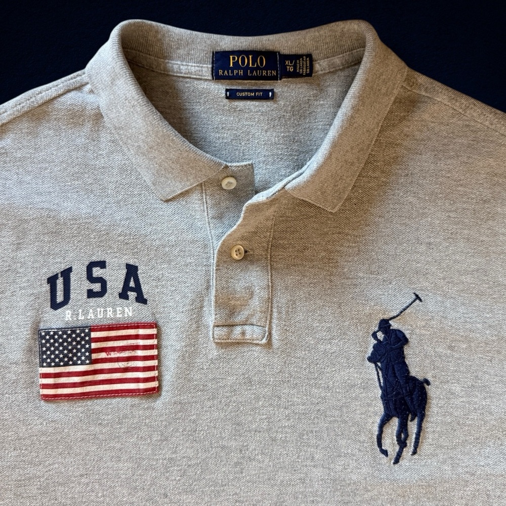 Polo Ralph Lauren USA Flag Polo Shirt XL Custom Fit Athletic V-Fit Gray - Picture 6 of 13